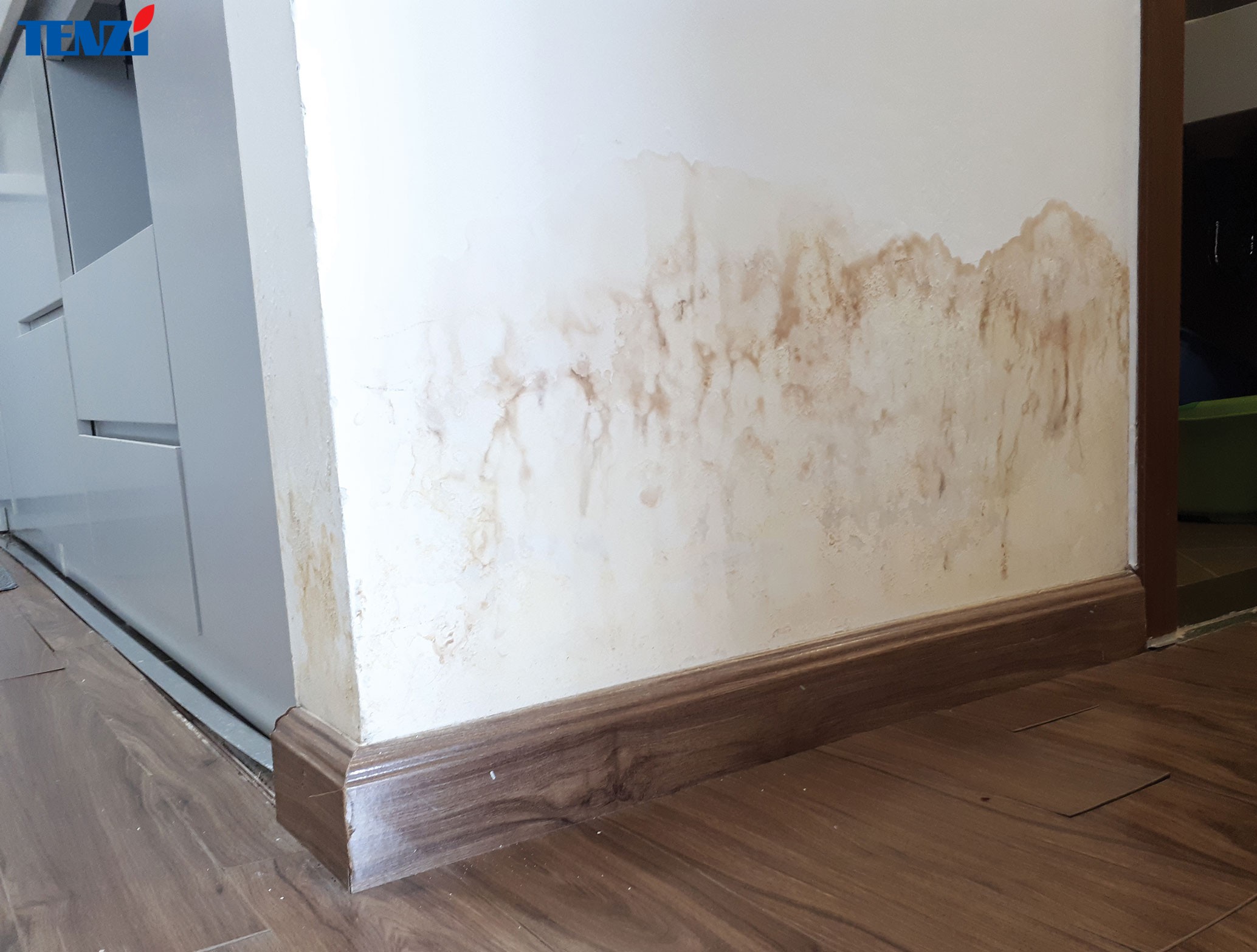 Sau khi cạo sạch đi lớp sơn đã cũ thì dùng sơn chống thấm lăn lên chân tường bị thấm.