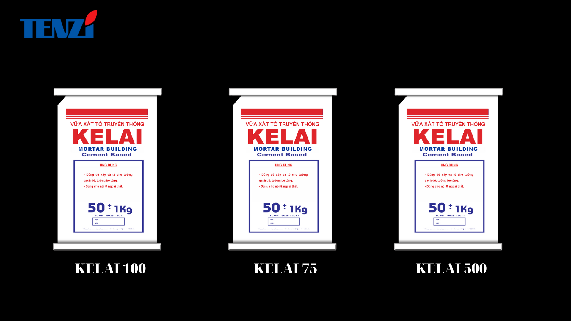Tenzi đang phân phối 3 loại vữa xây tô xi măng truyền thống như vữa xi măng mác 75 Kelai-T75, vữa mác 100 Kelai-T100, mác vữa 50 Kelai-T150,..